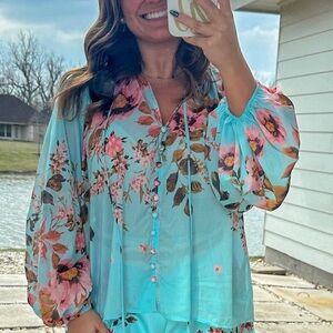 INA Turquoise Blue Floral Tie and Button Front Long Sleeve Blouse Top Size Small